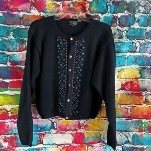 Vintage Liz Wear Colorful Rhinestone Button Front Cardigan Sweater PM Petite Med